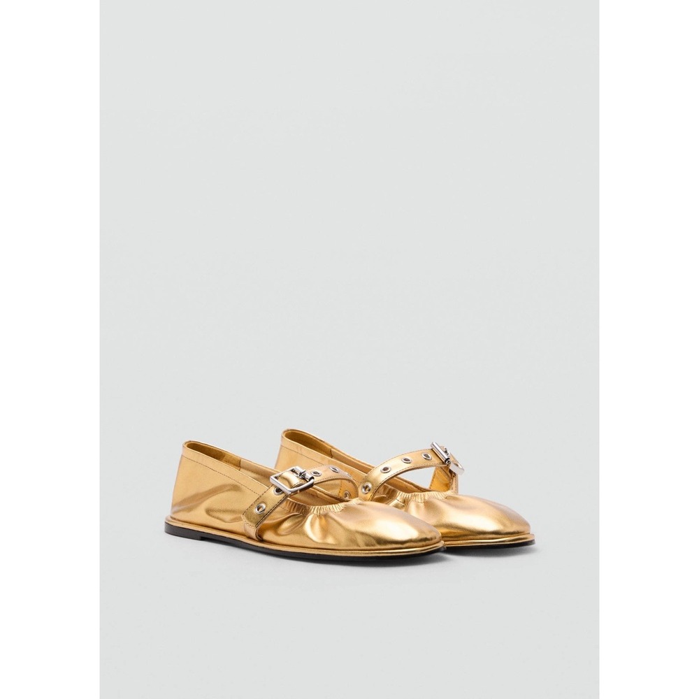 NEW MANGO MNG GOLD GATHERED STRAP BUCKLE BALLERINA BALLET FLAT SHOES 39 US 8-8.5 - Picture 9 of 12